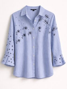 Insight Beaded Floral Blue Striped Button-Down, S, Eclectic, Preppy, Coquette